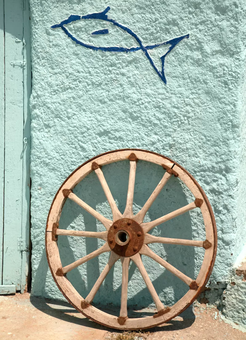 Blue wall with painted fish, Aegean detail